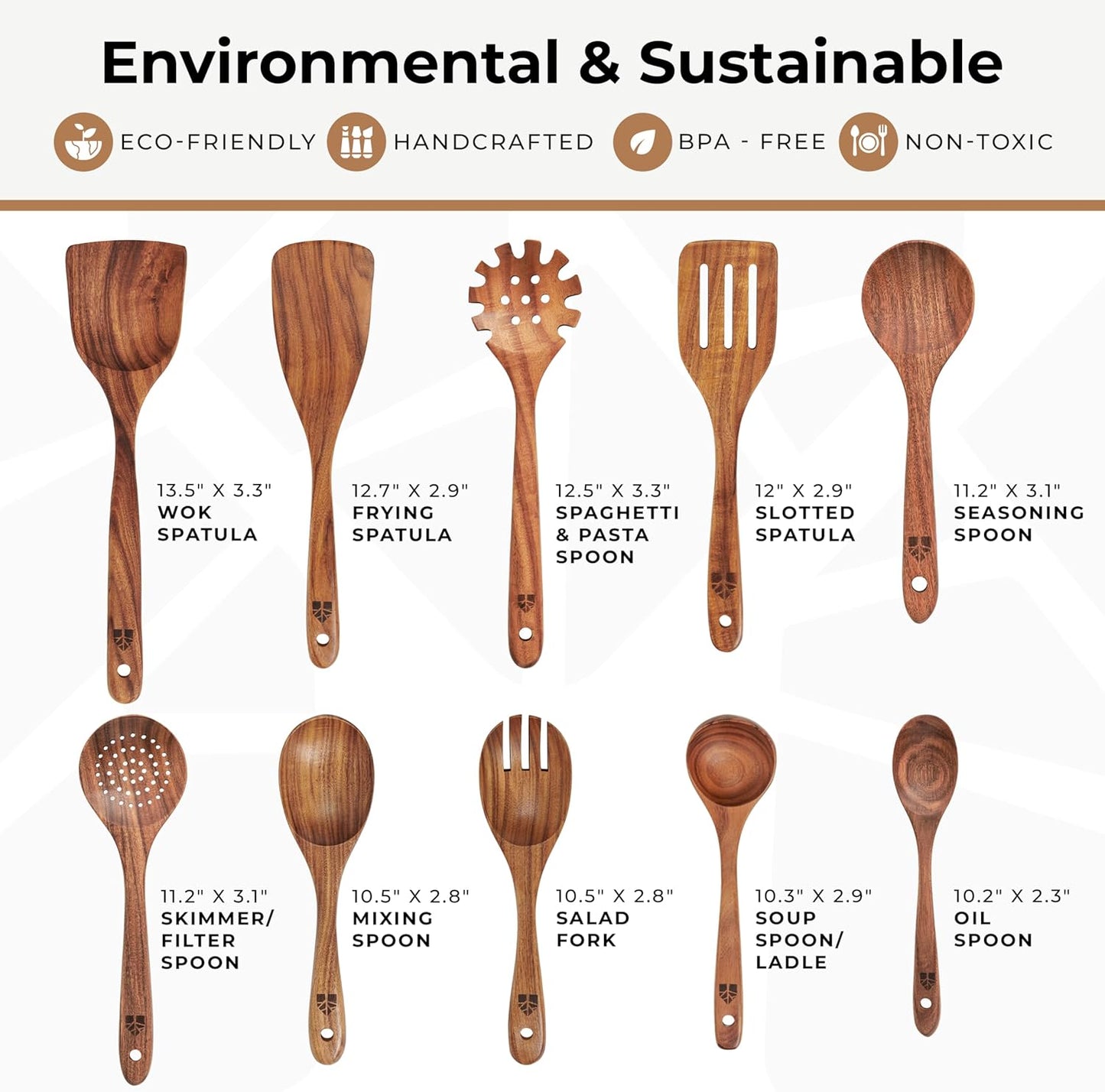 WOODENHOUSE 10-Piece Teak Wood Cooking Utensil Set for Nonstick Cookware – Natural Wooden Kitchen Tools, Heat Resistant & Durable - PuriLite