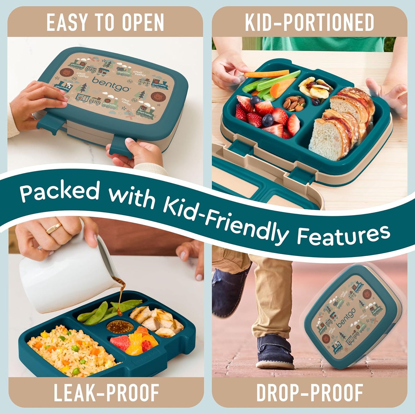Bentgo Kids Prints Leak-Proof Bento Lunch Box with 5 Compartments, Durable Drop-Proof BPA-Free Food Container for Ages 3–7, Dishwasher Safe School Lunch Box (Trains) - PuriLite
