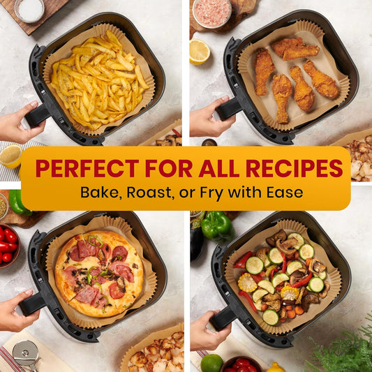 Baker's Signature Air Fryer Liners 125PCS Disposable Parchment Paper 8 Inch Square Non-Stick Oil Proof Sheets for 5–8 QT Air Fryer, Oven & Microwave Use - PuriLite