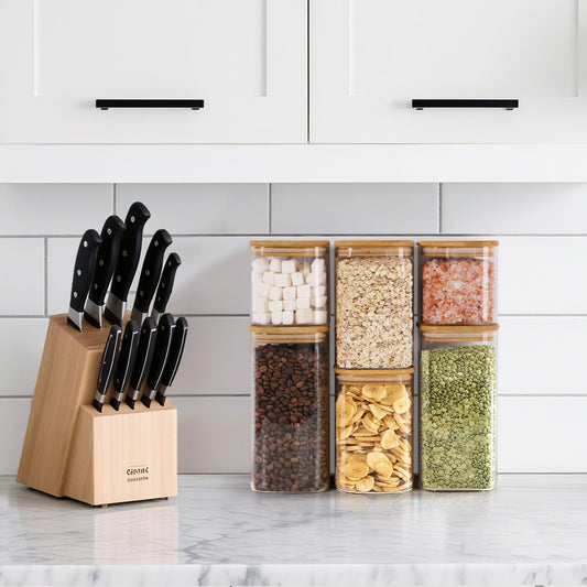 ComSaf Airtight Glass Storage Canister Set of 6 with Bamboo Lids, Clear Square Food Storage Jars for Kitchen Pantry Organization, Flour Sugar Coffee Tea Containers (650ML/1.1L/1.5L) - PuriLite