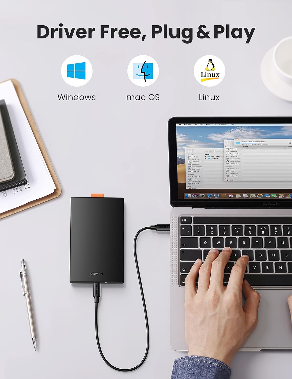 UGREEN USB C Hard Drive Enclosure USB C 3.1 Gen 2 SSD HDD Enclosure for 2.5 Inch SATA III II I SSD HDD Up to 10TB, Support UASP 6Gbps Compatible with WD Seagate, USB C to C Cable Include, Tool Free