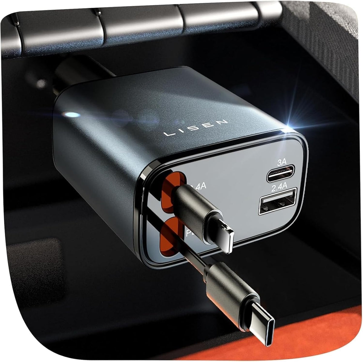 69W Retractable Car Charger with 4 Ports, Fast Charging USB-C and USB-A Car Power Adapter, Multi-Device Travel Charger for Cars and Trucks, Grey - PuriLite