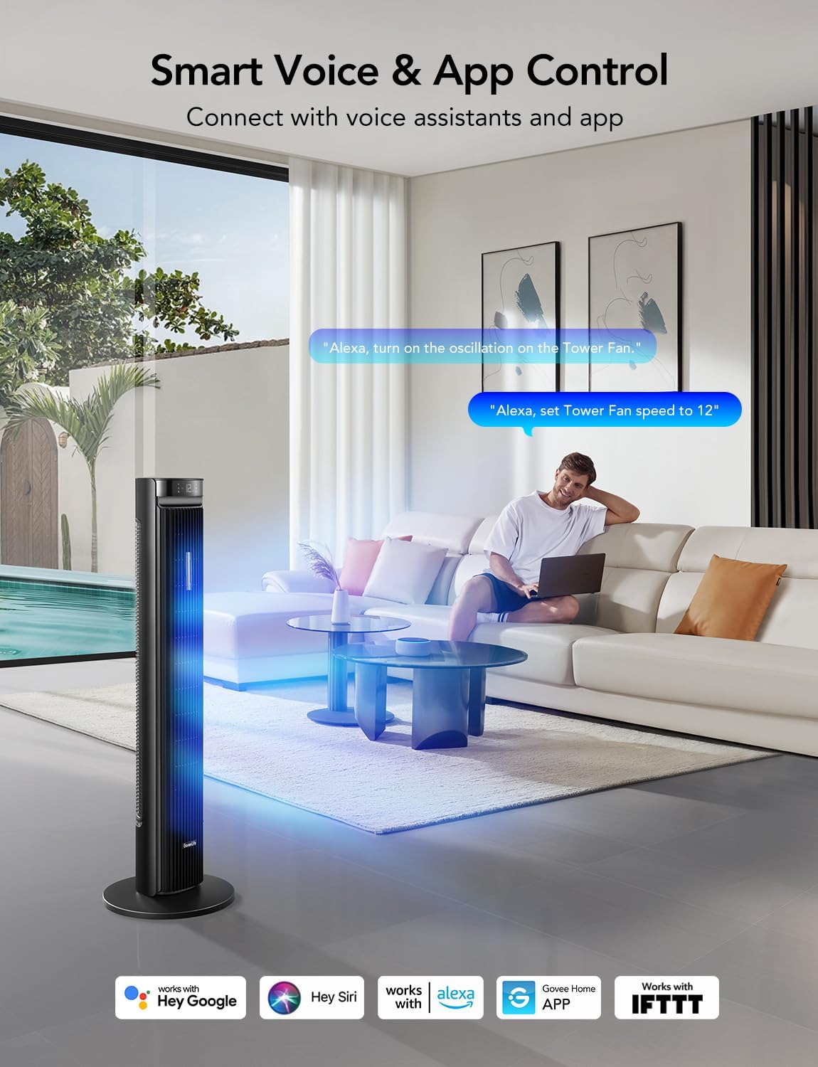 42'' Tower Fan for Bedroom, Smart Floor Fan with 150° Adjustable Oscillating, APP & Voice Control, 5 Modes 12 Speeds up to 26ft/s, 24H Timer, 27dB Quiet Fan for Cooling Home Office Black