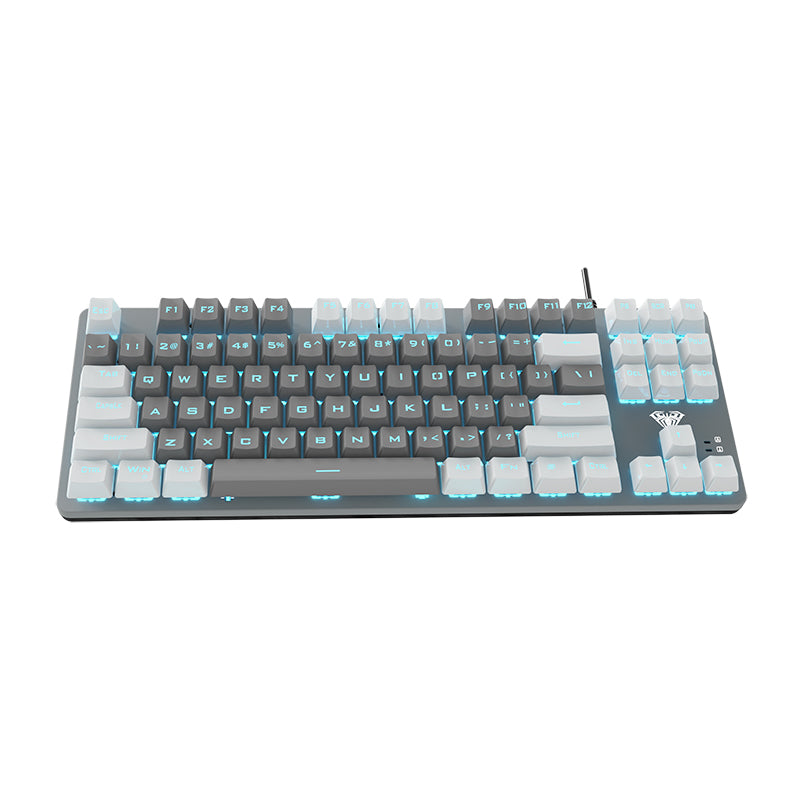 Aula - F3287 Wired Mechanical Gaming Keyboard - 87 Keys with Blue Switches - White & Grey Keycaps - Programmable Macros