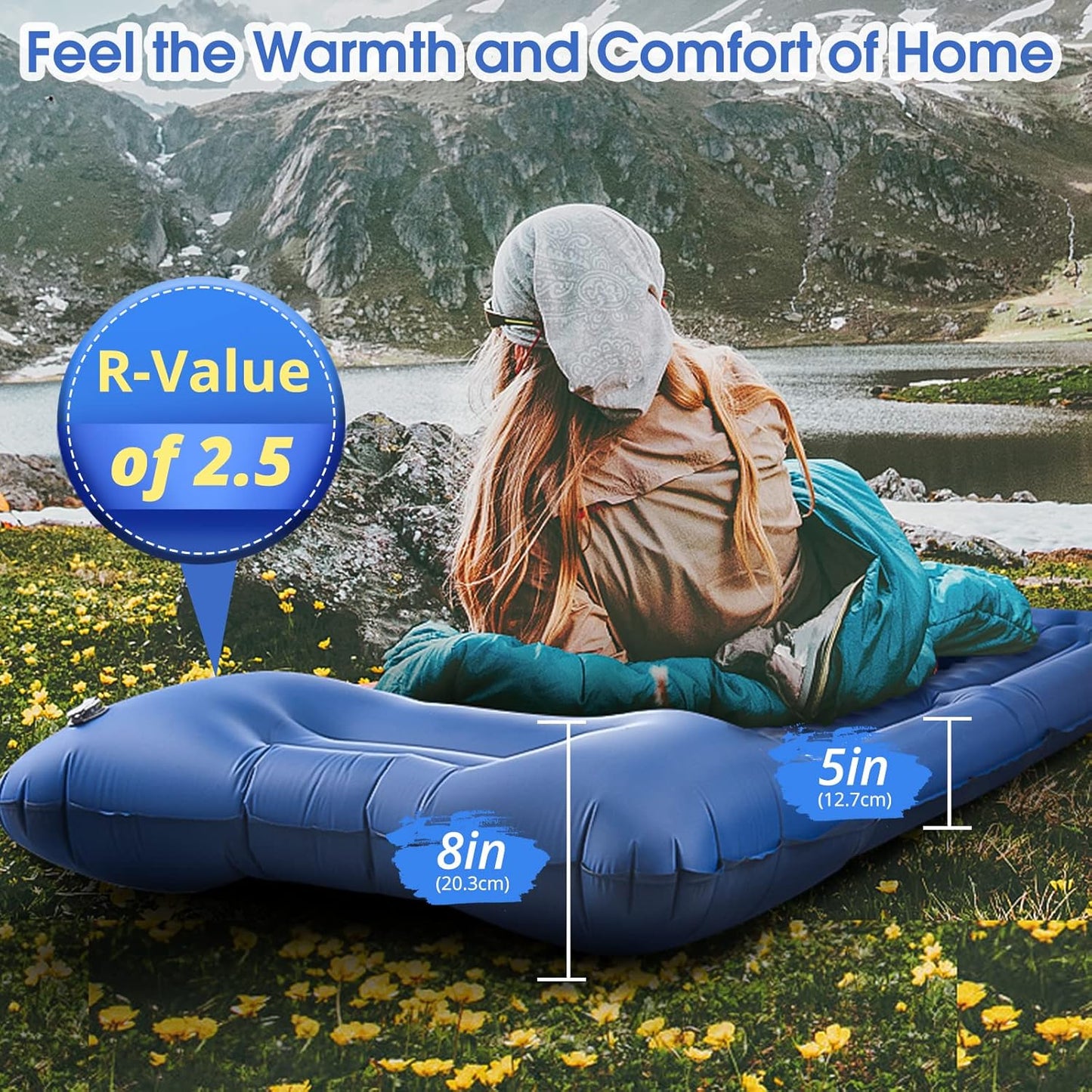 Camping Sleeping Pads,Extra Thick 5 Inch Inflatable Sleeping Mat with Pillow Built-in Pump,Oversized Mattress Super Portable Backpacking Sleeping Pad (Blue, Single)