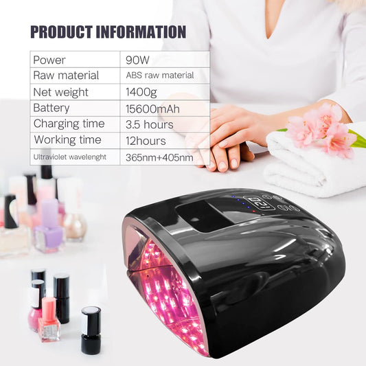 Cordless UV LED Nail Lamp, 90W Gel Nail Lamp Rechargeable Professional Nail Dryer UV Lights for Nails with Auto-Sensor 4 Timer (Black)