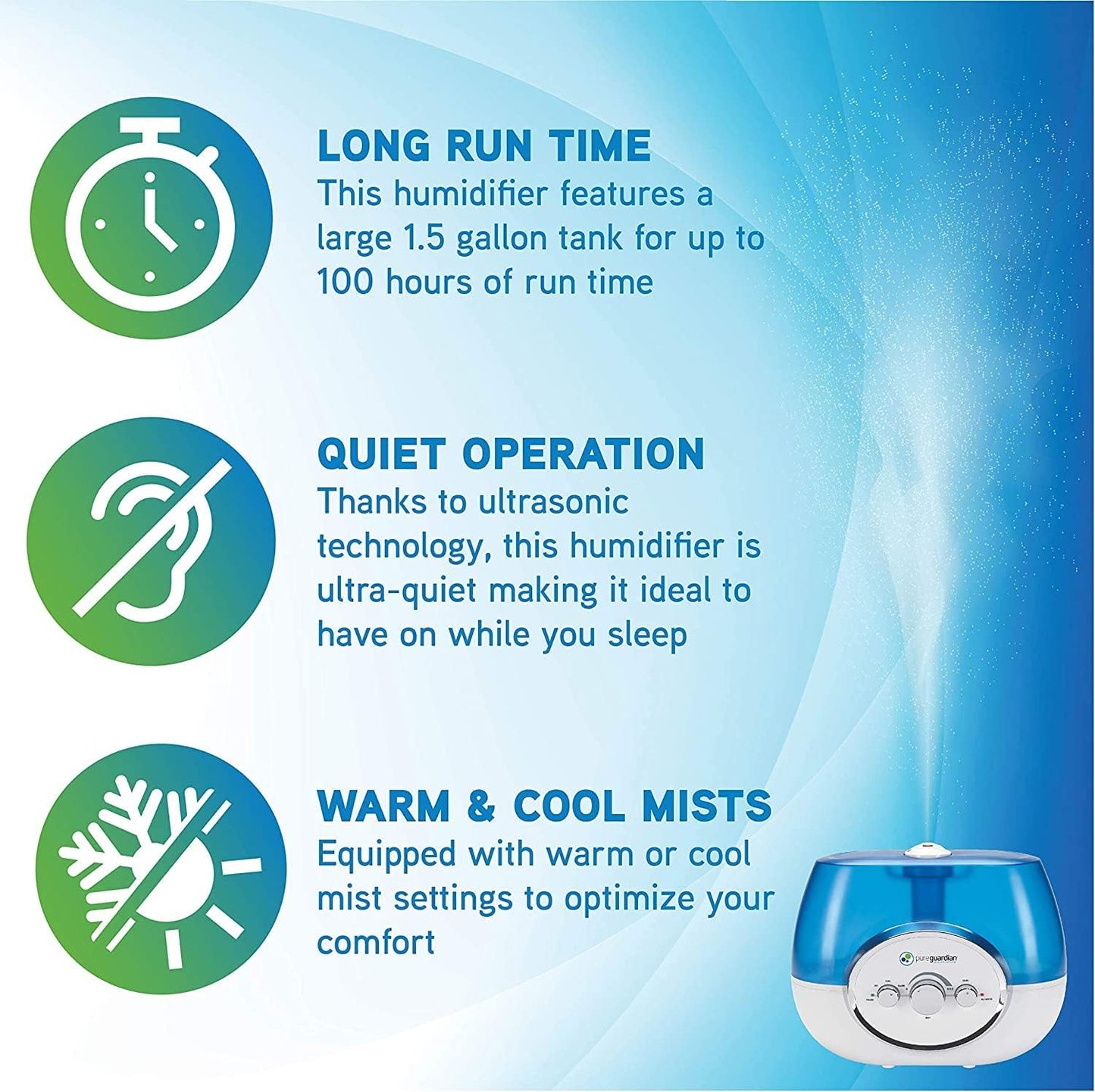 PureGuardian H1510 Ultrasonic Warm and Cool Mist Humidifier for Bedrooms, Quiet, Filter-Free, 11L Output Up to 100 Hour Run Time, 1.5 Gallon Treated Tank Reduces Mold, Pure Guardian Room Humidifier, White and Blue, 1 pack