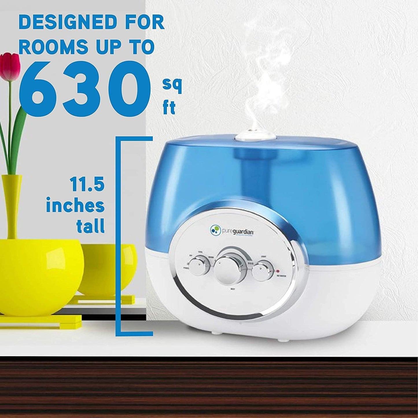 PureGuardian H1510 Ultrasonic Warm and Cool Mist Humidifier for Bedrooms, Quiet, Filter-Free, 11L Output Up to 100 Hour Run Time, 1.5 Gallon Treated Tank Reduces Mold, Pure Guardian Room Humidifier, White and Blue, 1 pack