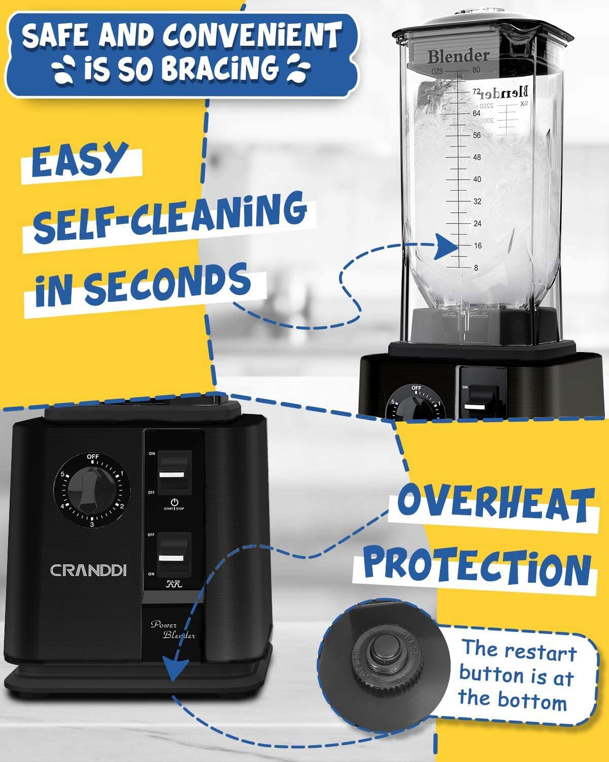 CRANDDI Professional High-Speed Blender 1800W, 80oz for Home and Commercial Use, Blending Ice Cream, Frozen Dessert, Shakes and Smoothies Maker, Built-in Pulse, Self-Cleaning, K95 (Black)