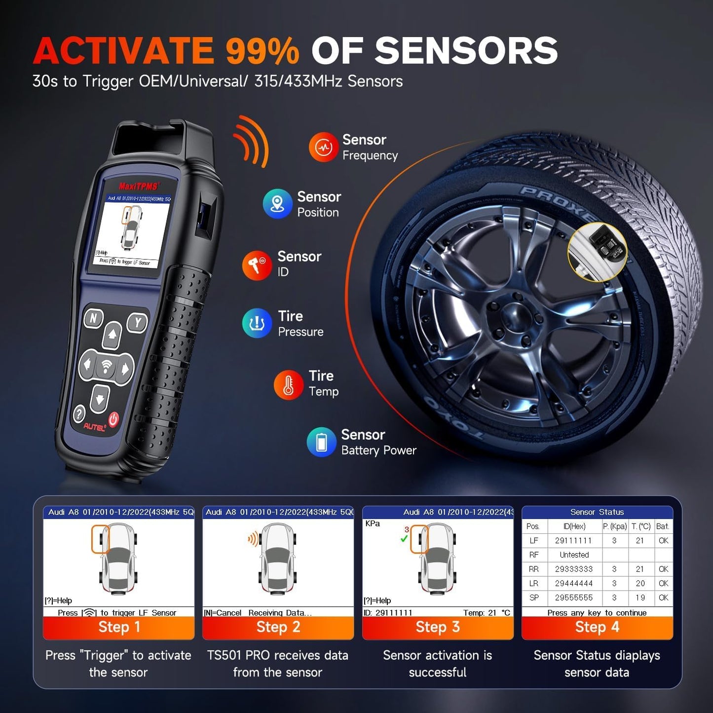 Autel MaxiTPMS TS501 PRO, 2025 TPMS Programming Tool Same as TS508, Up of TS501 TS408S, Relearn Activate 99% TPMS Sensors, Program Autel MX-Sensor 315/433MHz, TPMS Reset & Diagnostics, Lifetime Update