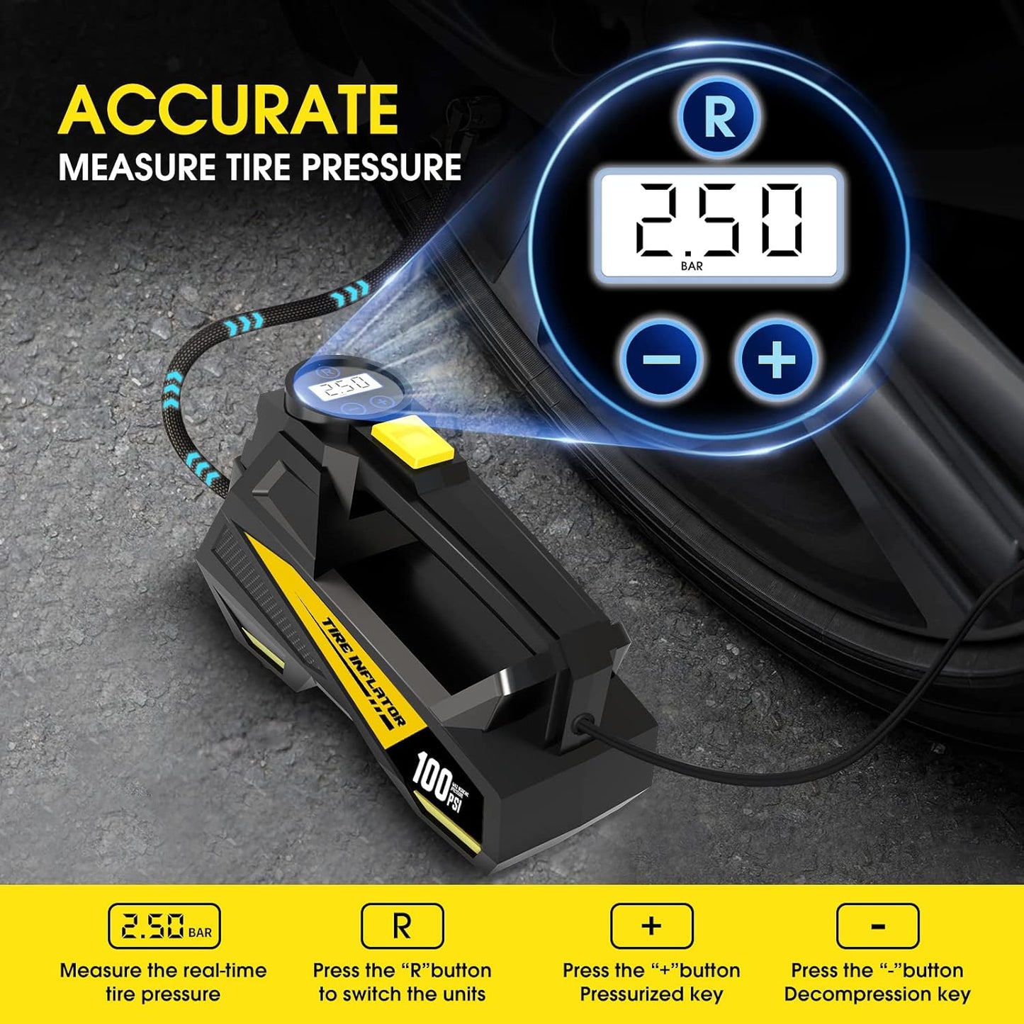 Portable Tire Inflator Air Compressor, Auto Pump 150PSI 12V DC with LED Digital Pressure Indicator and Emergency Light for Car Tires Motorcycles Bicycles