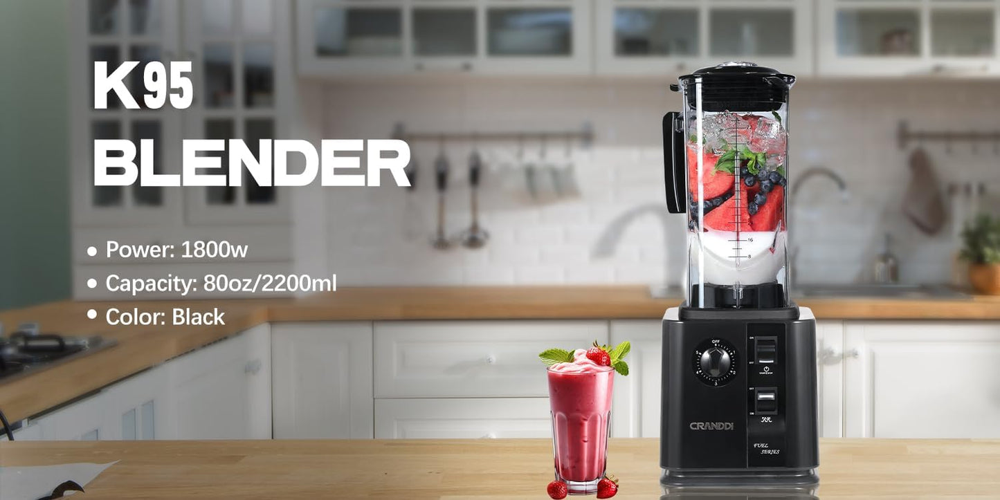 CRANDDI Professional High-Speed Blender 1800W, 80oz for Home and Commercial Use, Blending Ice Cream, Frozen Dessert, Shakes and Smoothies Maker, Built-in Pulse, Self-Cleaning, K95 (Black)