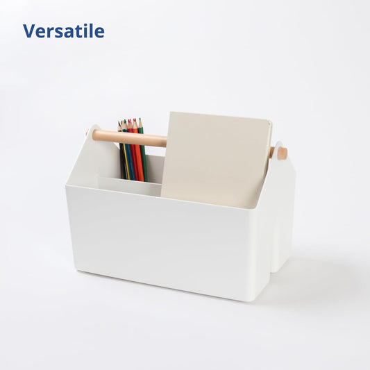 Blue Ginkgo Medium Storage Basket – Plastic Caddy with Wooden Handle for Office, Arts & Crafts, or Home Supplies (White)