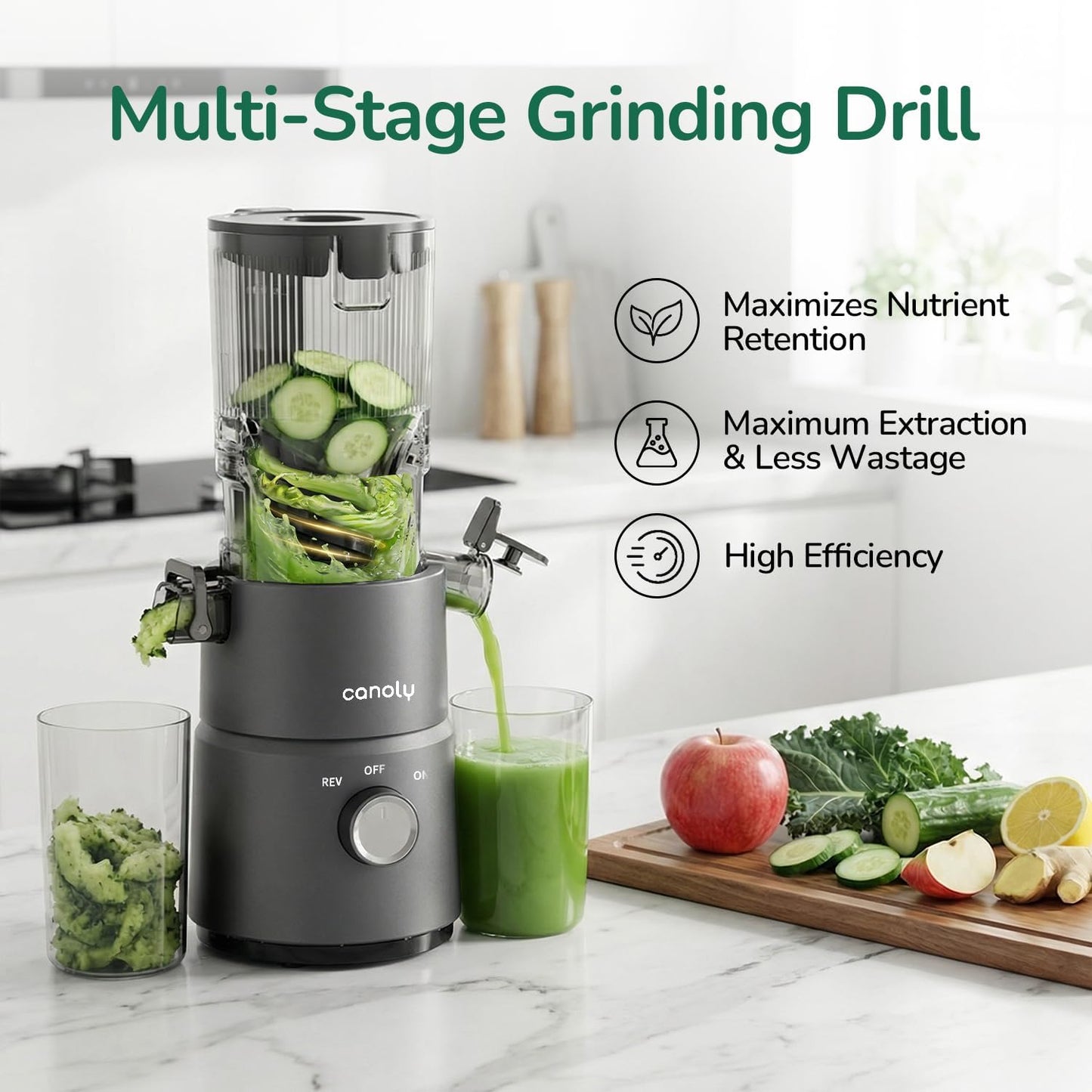 Canoly C03 Cold Press Juicer 200W Slow Masticating Juicer with 4.5 Inch Wide Feed Chute, Whole Fruit Juicer Machine, Juice & Nut Milk Maker, Easy to Clean, Matte Grey - PuriLite