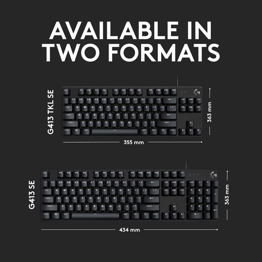 Logitech G413 SE Full-Size Mechanical Gaming Keyboard - Backlit Keyboard with Tactile Mechanical Switches, Anti-Ghosting, Compatible with Windows, macOS - Black Aluminum - PuriLite