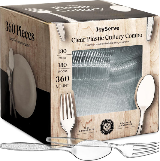 Clear Plastic Cutlery Set - (Bulk Pack 360 Pcs) Plastic Utensils Heavy Duty, 180 Plastic Forks and 180 Spoons, Silverware Sets for Party Supplies, Dinners, Take-Out, Catering, Food Services