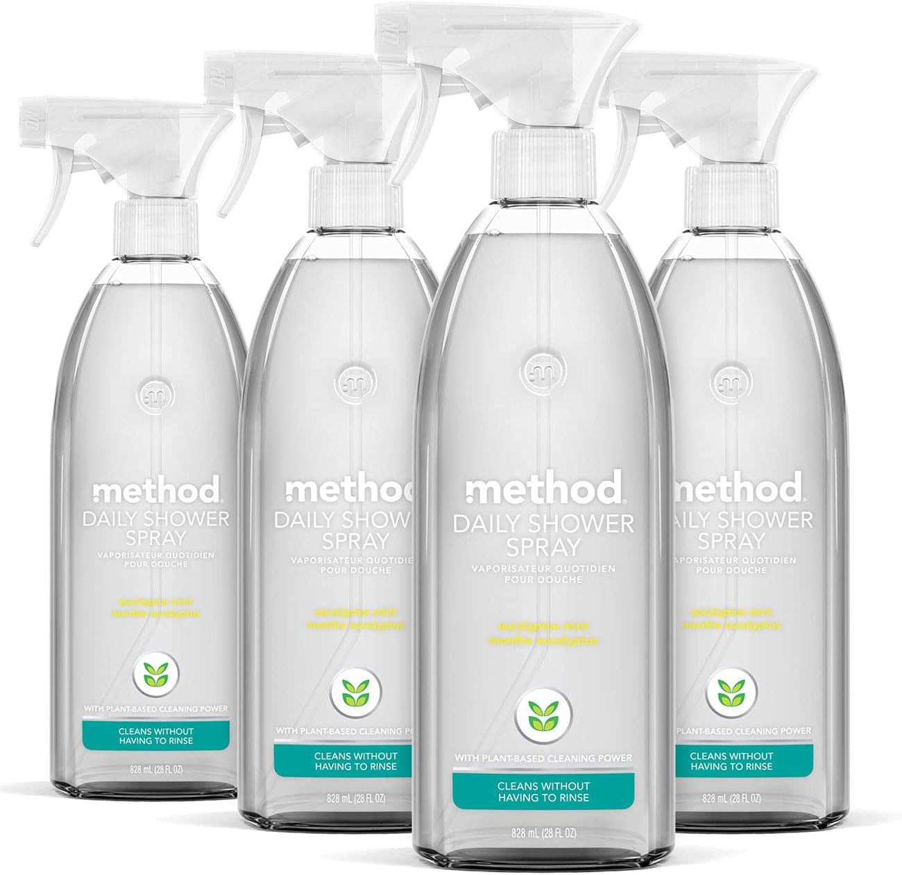 Method Daily Shower Cleaner Spray, Plant-Based & Biodegradable Formula, Spray and Walk Away - No Scrubbing Necessary, Eucalyptus Mint Scent, 828 mL Spray Bottles, 4 Pack, Packaging May Vary, Clear