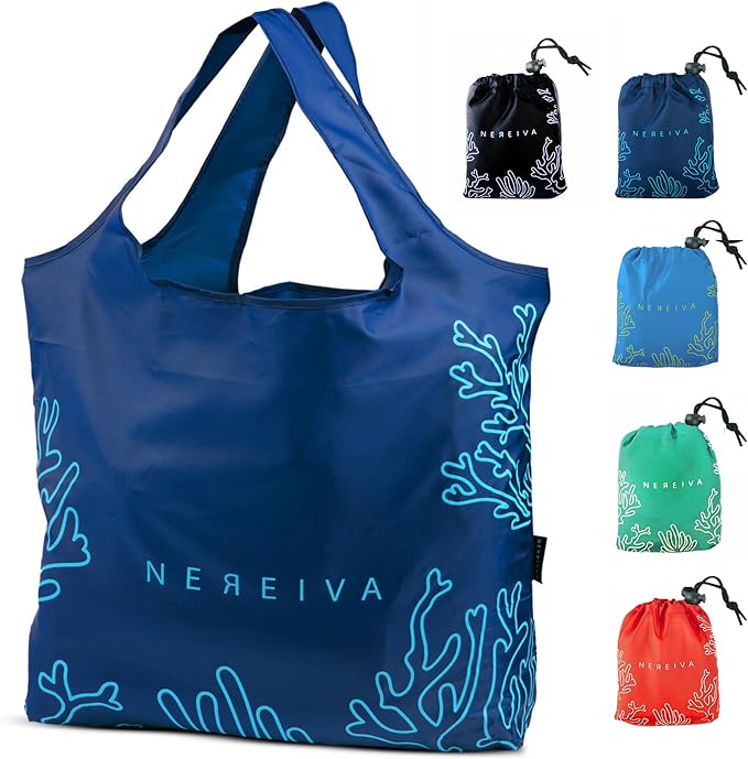 Pack of Foldable Grocery Bags by Nereiva Including Storage Pouch - Large, Multi-Color, Great for Travel, Tiny Pouch, Washable