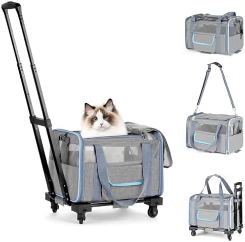 UNICITII Pets Carrier for Small Cat, Dog Medium Cats Puppies up to 20 Lbs, Airline Approved Carrier Soft Sided, Collapsible Travel Puppy Carrier (Grey-with Wheels)