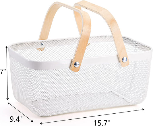 ZEAYEA Mesh Storage Basket with Handle, Garden Harvest Basket, Mesh Fruit Basket Bin for Gathering Vegetables, Multi-functional Metal Wire Basket for Kitchen Garden Picnic Cabinet, White