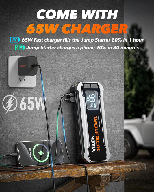 4000A Portable Car Jump Starter 12V Battery Booster with 65W Fast Charging, LED Display, Emergency Light, High-Capacity Power Bank for Gas and Diesel Vehicles
