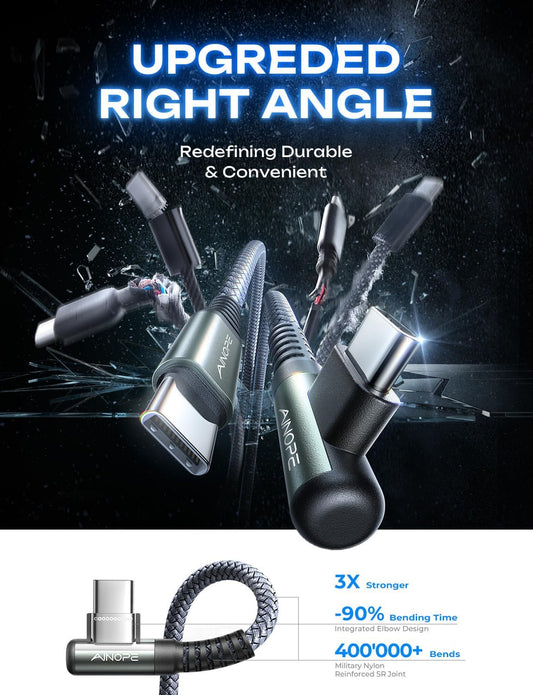 AINOPE USB C Cable to USB C 60W 2Pack 6.6ft Nylon Braided Type C Charger Fast Charging Right Angle USBC to USBC Cable Charger Cord for Switch 2 iPhone 16 Pro Max Accessories Samsung S25 Ultra iPad Pro - PuriLite