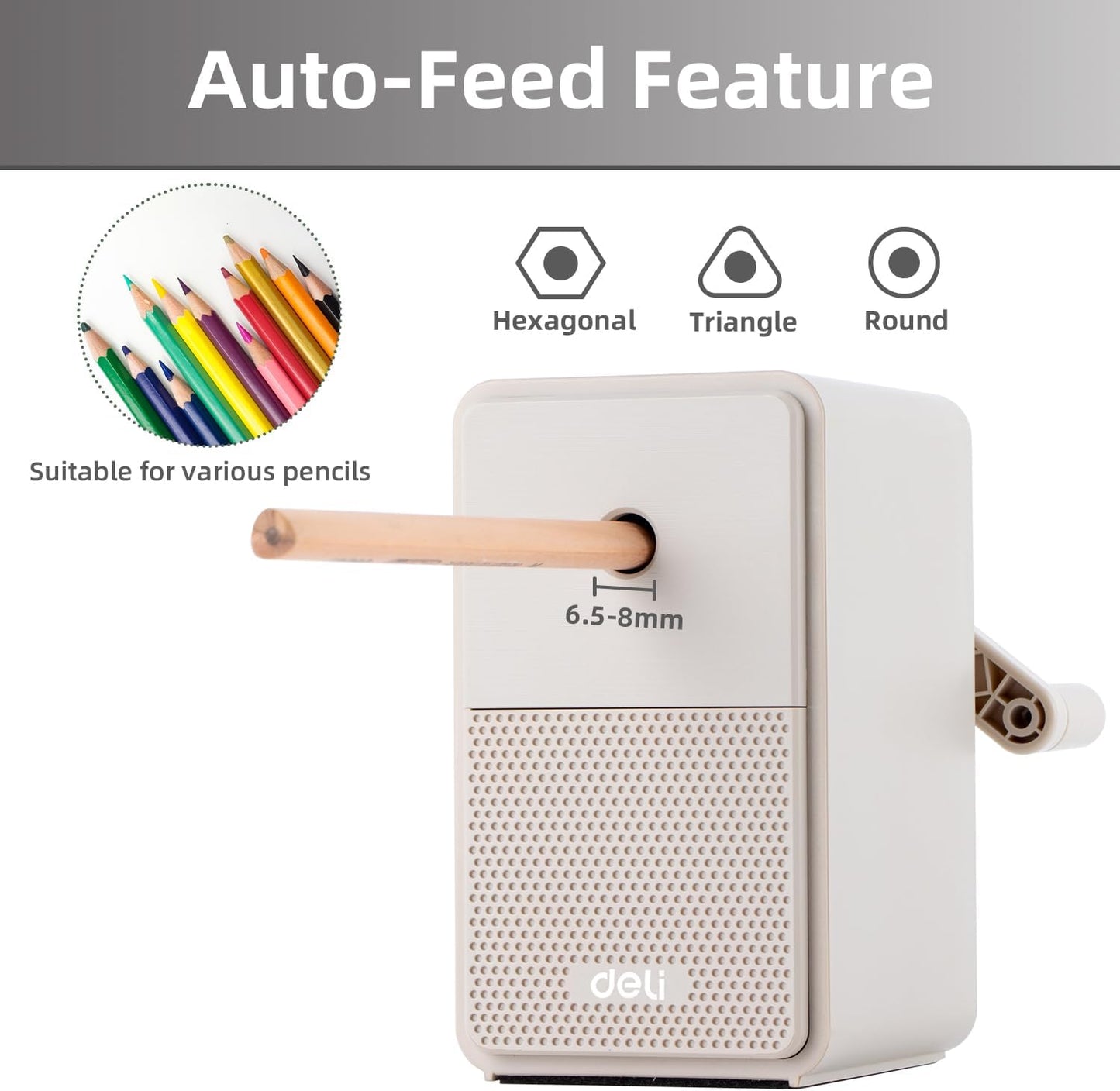 Deli Manual Pencil Sharpener, Auto-in Hand Crank Pencil Sharpener with Adjustable Point for Pencils and Colored Pencils, Pencil Sharpener for Kids, Students, Classroom, Home and Office, Gray