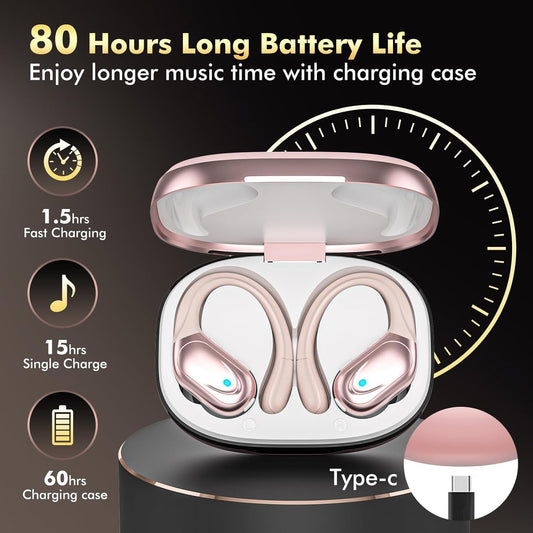 Wireless Earbuds Bluetooth Headphones 80hrs Playback Ear Buds Power Display with Noise Canceling Mic with Earhooks for Sports/Workout/Running - PuriLite