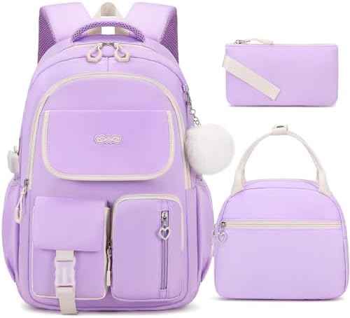 3PCS School Backpack for Girls with Lunch Box Pencil Pouch for Teen Girls Children Elementary Primary Middle High College Daypack School bag Bookbag Set Pink