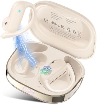 Open Ear Headphones, Bluetooth 5.4 Wireless Earbuds with HD Clear Calls, 32Hrs Immersive Stereo Air Conduction Earphones with Earhooks, LED Display, IPX7 Lightweight Open Ear Buds for Sports Blue