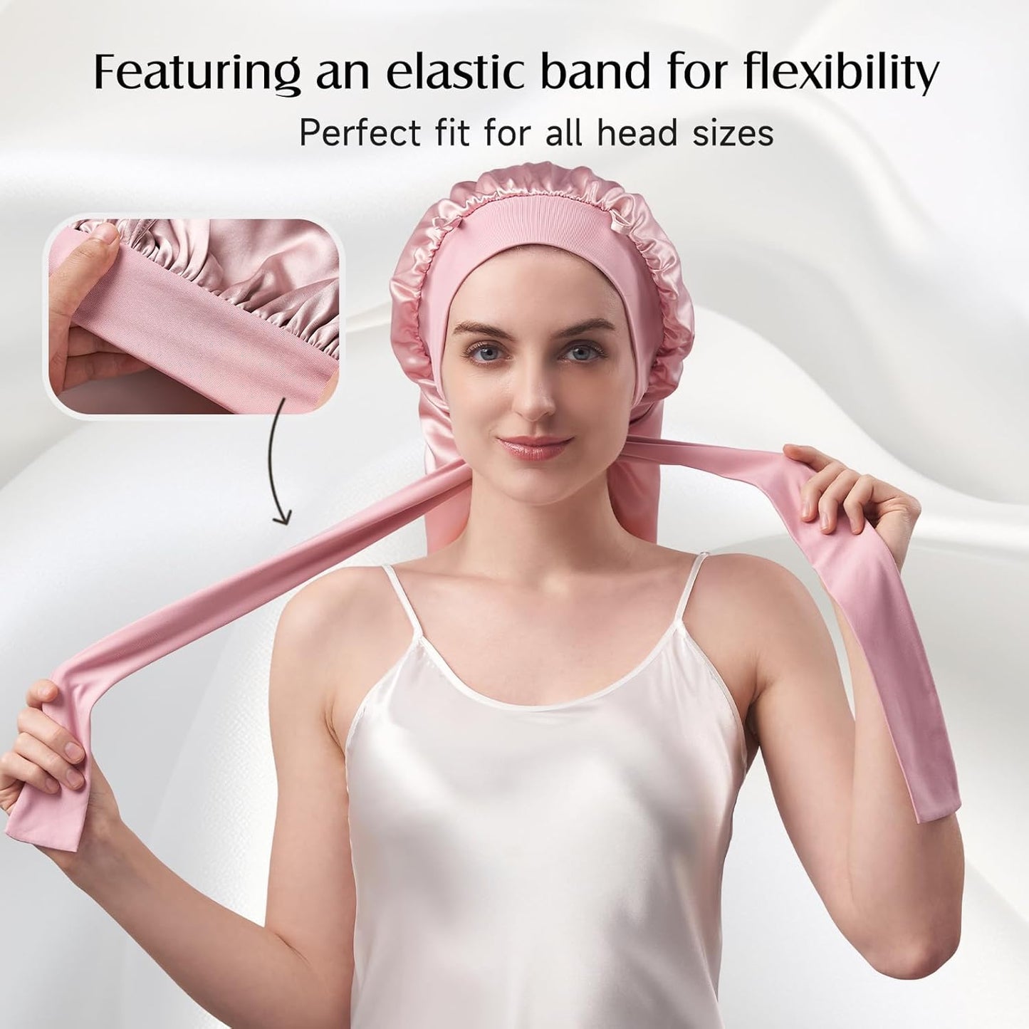 YFONG 22 Momme 100% Mulberry Silk Bonnet for Sleeping Women Long Hair, Double-Layered Silk Hair Bonnet with Elastic Tie Band, Extra Long Sleep Cap for Braids Curly Hair Care, 1Pc, Pink