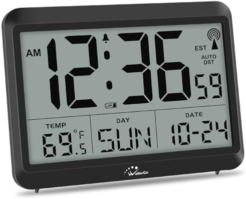 WallarGe Atomic Digital Wall Clock Battery Operated, Self-Setting, Large Display with Temperature, Date, Day of The Week, Silent Wall Mount Digital Clock, 4 Time Zones, DST