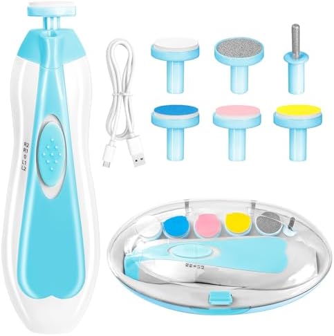 Qunlions life Electric Nail File Drill for Baby, No Sharp Claws Hurt, 6 in 1 Safety Cutter Trimmer Clipper for Toes and Fingers (Blue)
