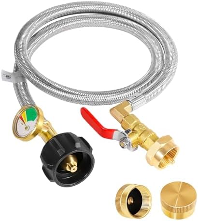 Propane Refill Adapter 20lb to 1lb Camping, Upgrade 3FT/36inch Propane Tank Refill Adapter Hose with Guage and ON-Off Control Valve, 2 Bottle Caps Included (PVC)