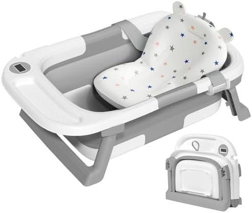 Collapsible Baby Bathtub,Baby Bath Tub with Thermometer & Soft Cushion,Baby Bathtub for Newborn to Toddler 0-36 Months,Portable Travel Baby Tub with No-Slip Feet,Baby Shower Gifts,Pink