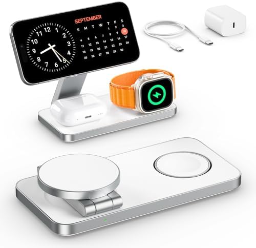 EXW Foldable 3 in 1 Wireless Charging Station for Apple Compatible with Magsafe Charger Stand, Travel Wireless Charger for iPhone 16 15 14 13 12 Series, Airpods, Apple Watch (18W Adapter Included)