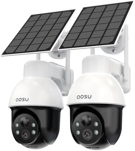 AOSU 3K/5MP Solar Security Cameras Wireless Outdoor, WiFi Camera Surveillance Exterieur for Home Security, Panoramic PTZ, Auto Tracking, Human/Vehicle Detection, Night Vision (2 Pack)