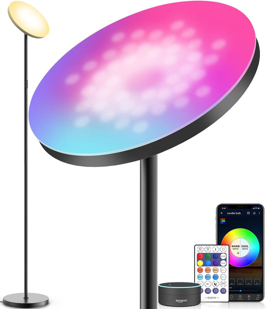 YHW Smart RGB LED Floor Lamp Works with Alexa Google Home, WiFi Remote Modern Tall Standing Light, Super Bright 2000LM Color Changing & Dimmable Sky Torchiere for Living Room, Bedroom (Black)