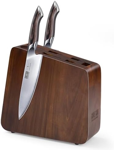 HOSHANHO Magnetic Knife Block 14 x 10 Inches, Double Sided Magnetic Knife Holder Rack for Kitchen Counter, Acacia Wood Magnetic Knife Storage Stand with Knife Sharpener