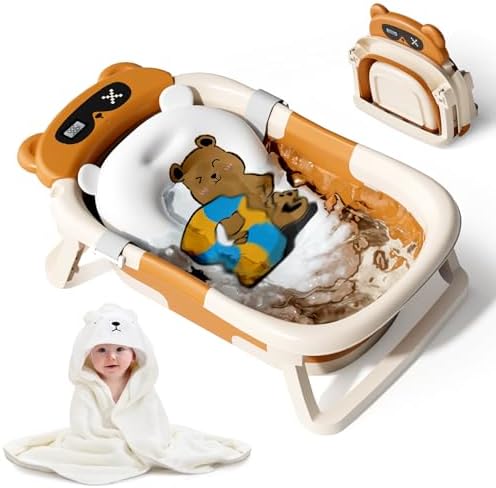 Kerbwry Baby Bathtub for Newborn to Toddler, Baby Bath Tub with Soft Towel and Floating Cushion, Baignoire Pour Bébé, Shower Essentials for Newborn (0-18 Months) Grey