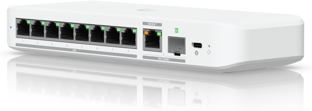 Ubiquiti Networks USW-Flex-2.5G-8 UniFi Switch Flex 2.5G (8 x 2.5 GbE ports, 1 x 10 GbE PoE+ input/SFP+ combo, Plastic case, Compatible with Desktop, Laptop, Server, IP Camera, Printer)