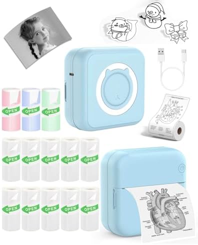 Label Maker - Mini Portable Sticker Printer with 13 Rolls Self-Adhesive Thermal Papers, Labeller Machine for Home Office Study Business Texts Journal, Blue