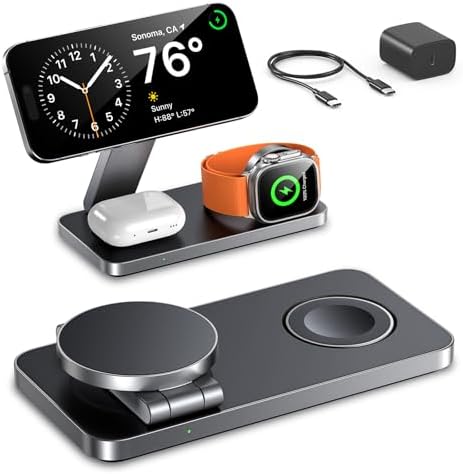 EXW Foldable 3 in 1 Wireless Charging Station for Apple Compatible with Magsafe Charger Stand, Travel Wireless Charger for iPhone 16 15 14 13 12 Series, Airpods, Apple Watch (18W Adapter Included)