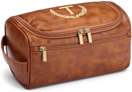 OXYEFEI Toiletry Bag Men,Gifts for Men,Mens Toiletry Travel Shaving Dopp Kit Bag with Initial PU Leather Cosmetic Bags Organizer Storage Accessories (R)