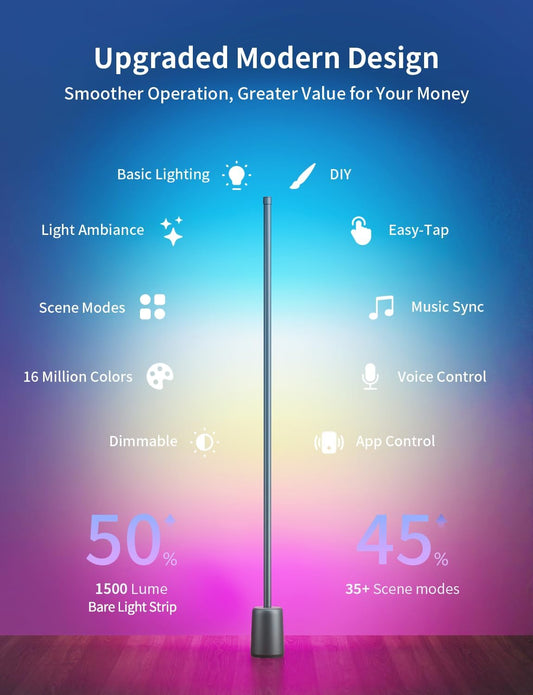 Ailofy Corner Floor Lamp, 1500lm RGBW Corner Lamp Work with Alexa & Google Assistant, 16 Million DIY Colors, Sync with Music, App Control, Modern LED Floor Lamp for Living Room & Bedroom, Black