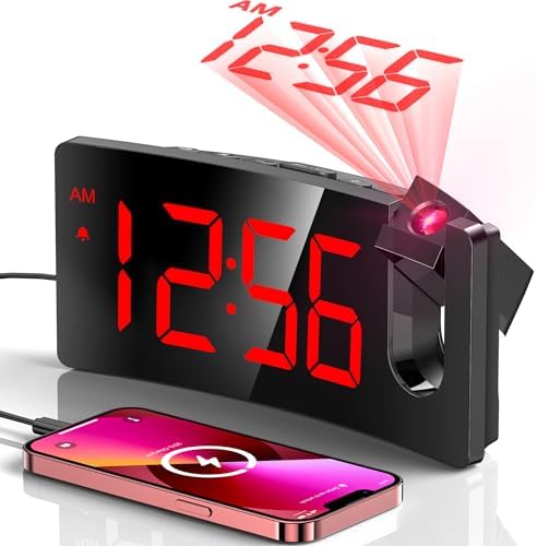 GOLOZA Projection Alarm Clock, Digital Clock with Modern Curved Design 180° Rotatable Projector, 3-Level Brightness Dimmer, Clear Blue LED Display, Progressive Volume, 9mins Snooze,12/24H, for Bedroom