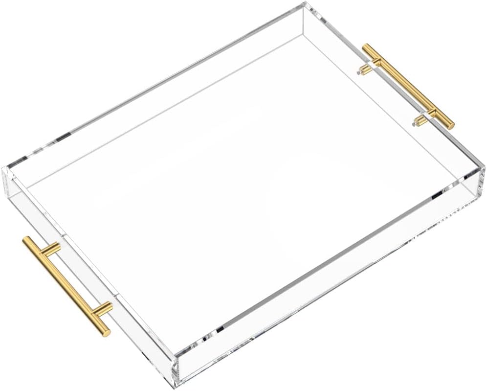 NIUBEE Clear Acrylic Serving Tray 12x16” – Spill-Proof Decorative Tray with Gold Handles for Coffee Table, Ottoman, Countertop, Breakfast, Drinks & Food - PuriLite