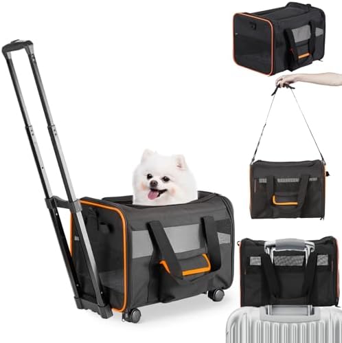 UNICITII Pets Carrier for Small Cat, Dog Medium Cats Puppies up to 20 Lbs, Airline Approved Carrier Soft Sided, Collapsible Travel Puppy Carrier (Grey-with Wheels)