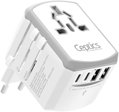 Ceptics Universal Travel Adapter kit, Dual USB (QC 3.0) + 2 US outlets + USB-C Cable, Use with Chargers, Cell Phones, Laptops, 6 Plug attachments for Worldwide use (Does Not Convert Voltage) (WPS-2B)