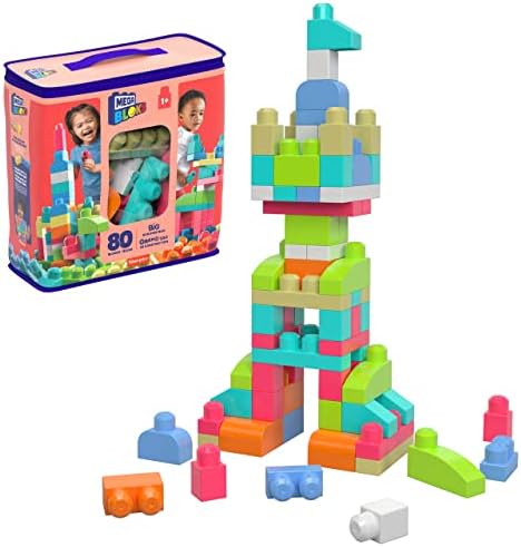 MEGA BLOKS First Builders Toddler Blocks Toys Set, Big Building Bag with 80 Pieces and Storage, Blue, Ages 1+ Years